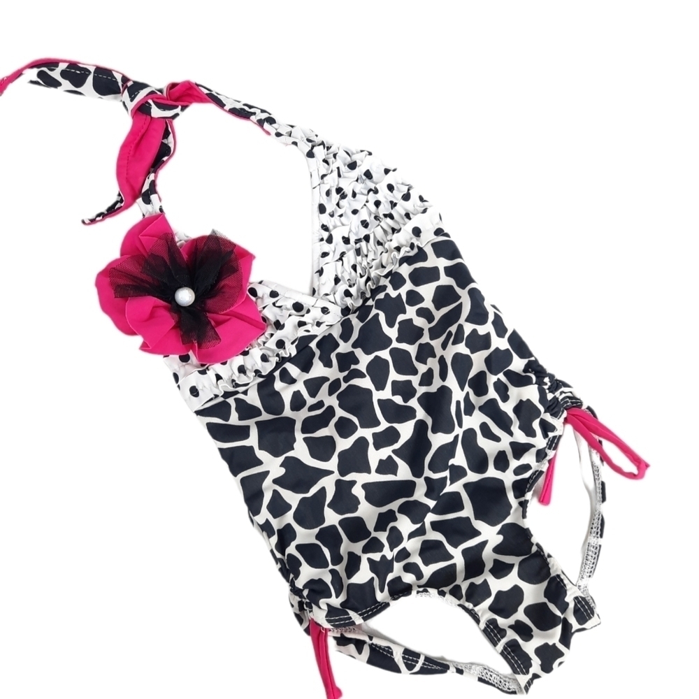 Isobella & Chloe 1 Piece Swimsuit Black & White Polka Dots Giraffe Print Size 2T